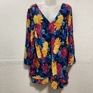 Laurie Felt Floral Pleated Long Sleeve Flowy Chiffon Top Blouse Cottage Multi XL